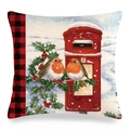 Winter robin linen pillowcase with classic red and black plaid trim and snow postbox print - 18x18 Inch / Robin British Mailbox Style (7)