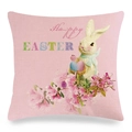 Detail of linen Easter pillow cover showing bunny print and Happy Easter text - Pink Bunny with Egg Basket Style (12)