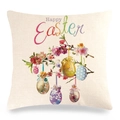 Close-up of Happy Easter linen pillowcase with floral patterns and colorful eggs - Hanging Eggs and Floral Branch Style (11)