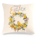 Detail of linen Easter pillow cover featuring a yellow chick and Happy Easter wreath - Chick in Wreath Style (10)