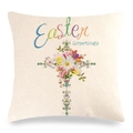 Close-up of Easter greetings text with floral cross on linen pillowcase texture - Vintage Floral Cross Style (9)