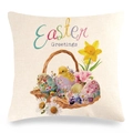 Close-up of Easter linen pillowcase with yellow chick and floral egg basket print - Basket of Eggs and Chick Style (8)