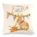 Close-up of Happy Easter linen pillowcase with bunny, carrot, and floral flag pattern - Bunny with Pink Bow & Carrot Style (7)