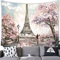 Romantic oil painting style tapestry featuring Eiffel Tower view and walking couple - Romantic Paris Cherry Blossom Couple (11) / 100x70(Peach Skin)
