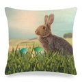 Modern linen cushion cover featuring a realistic brown rabbit and Easter eggs pattern - Easter Bunny and Colorful Eggs (7)
