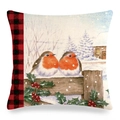 Winter robin bird and red buffalo plaid linen cushion cover for sofa decor - 18x18 Inch / Robin Wood Fence Snow Style (8)