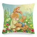 Detail of Easter linen pillowcase showing a cartoon rabbit hugging its bunny on grass - Rabbit Hugging Bunny in Meadow (款式-5)