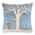 Detailed macro view of the linen texture and festive rabbit winter illustration on cushion cover - Winter Rabbit Stargazing (款式-7)