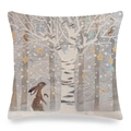 Detail of linen pillow cover with a cartoon rabbit, white tree, and bird illustration - Nordic Standing Bunny and Tree (款式-8)