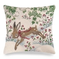 Close-up of linen pillowcase with rabbit illustration and red berries in winter forest - Rabbit with Red Bow in Snowy Forest (款式-9)