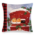 Winter linen pillow cover with robin bird and red mailbox print on plaid background - 18x18 Inch / Robin Winter Mailbox Style (9)