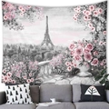 Eiffel Tower oil painting wall tapestry with pink flowers and romantic Paris scenery - Paris Balcony Flower Street View (12) / 100x70(Peach Skin)