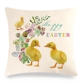 Funda de cojín de lino para Pascua con patitos amarillos y texto Happy Easter en fondo blanco - Estilo Patito y Flores (3)