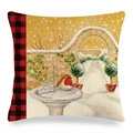Linen pillow cover with red robin and winter garden illustration in buffalo plaid - 18x18 Inch / Robin Winter Courtyard Style (10)