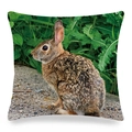 Linen square cushion cover with realistic rabbit print on a grass field background - Side Sitting Wild Rabbit (9)