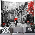Paris street scene tapestry with red umbrella oil painting style above a gray sofa - European Street Scene with Red Umbrella in Rain (13) / 100x70(Peach Skin)