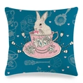 Oster-Kissenbezug aus Leinen mit weißem Hasen in einer Tasse und Herz-Motiven - Cyanblau Teetassen-Hase Illustrationsstil (Stil-6)