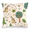 Linen Easter cushion cover featuring forest rabbits, trees and colorful floral patterns - Forest Rabbit Style (Style-2)