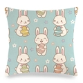 Detailed texture of Easter bunny and floral pattern on light blue linen pillowcase cover - Light Blue Floral Rabbit Style (Style-4)