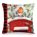 Winter robin bird and red check border linen pillow cover with festive greenery - 18x18 Inch / Robin Birdhouse Style (11)