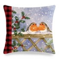 Linen pillow cover with winter robin birds on snow fence and red buffalo plaid accent - 18x18 Inch / Robin Snow Fence Style (12)