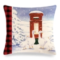 Winter Robin and Red Postbox linen cushion cover with rustic plaid pattern border - 18x18 Inch / Geese Mailbox Snow Night Style (13)