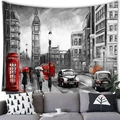 London street scenery tapestry with red telephone booth and bus over a gray sofa - British London Red Telephone Booth Style (15) / 100x70(Peach Skin)