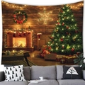 Detail of warm Christmas tree tapestry on wooden wall behind a cozy grey sofa - 100x70cm / Peach Skin / Exquisite Christmas Fireplace Style (2)