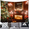 Gemütlicher Weihnachtsbaum Wandteppich über grauem Sofa mit warmer Kamin-Szenerie - Traditioneller Kamin Festlicher Stil (7) / Pfirsichhaut / 100x70cm