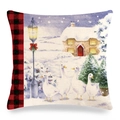Winter robin linen pillowcase with white geese, snowy cabin and buffalo plaid borders - 18x18 Inch / Geese Lamppost Snow Style (14)