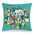 Linen Easter pillow case featuring cute bunny flower pattern and Happy Easter text - Lake Blue Base Cute White Rabbit Style (Style-18)