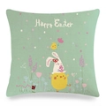 Close-up of linen texture and Happy Easter print with cartoon rabbit on green pillow cover - Light Green Bunny Stacking Chick Style (18)