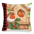 Linen pillow cover with robin birds on wooden house and red buffalo plaid border - 18x18 Inch / Robin Snow Birdhouse Style (15)