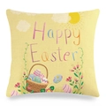 Detail of linen Easter pillow cover with colorful Happy Easter print and flower basket - Light Yellow Basket Egg Style (13)