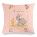 Detail view of linen Easter pillow cover with bunny, chick, and Happy Easter text - Pink Bunny Chick Floral Border Style (12)