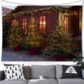 Warmer Weihnachtshütten-Wandteppich mit Bäumen über einem modernen Wohnzimmersofa - 100cmx70cm / Warme Weihnachts Holzhaus Nacht Stil (16) / Pfirsichhaut