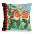 Linen pillow cover with robin birds on winter branches and red black buffalo plaid trim - 18x18 Inch / Robin Holly Snowflake Style (24)