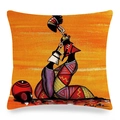 Detailed texture of linen cushion cover featuring colorful African abstract art painting - Bright Orange Abstract Figure Style (15)