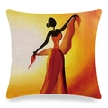 Detail of linen cushion cover featuring African woman oil painting on textured fabric - Dancing African Woman Oil Painting Style (14)