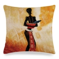 Detailed view of linen cushion cover featuring African woman oil painting artwork - Warm Orange Terracotta Oil Painting Style (11)