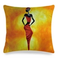 Close-up of linen pillowcase featuring African woman art portrait in vivid red and orange - African Woman in Red Dress Portrait Style (7)
