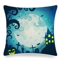 Detail of Halloween linen pillowcase showing a full moon and pumpkin on a blue background - Dark Cyan Blue Castle Jack-o-lantern Style (ym-3)