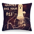 Detail of Halloween pumpkin linen pillowcase featuring a vintage ghost on a bicycle design - Vintage Red Ghost Bike Style (ym-26)
