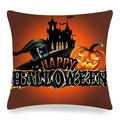 Close-up of Halloween pumpkin linen pillowcase with black cat and castle silhouette - Dark Brown Wizard Hat Jack-o-lantern Style (ym-38)