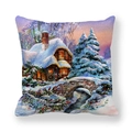 Detailed close-up of winter snow scene print on square peach skin pillowcase - Winter Snow Cabin Oil Painting Illustration (tpr-12)