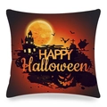 Detail of Halloween pumpkin print linen pillowcase with spooky house and Happy Halloween text - Red Moon Haunted House Style (ym-39)