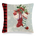 Linen Christmas pillow case with robin birds, festive stockings, and red plaid trim - 18x18 Inch / Christmas Stocking Gift Box Style (26)
