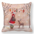 Detailed texture of linen pillowcase with Santa and reindeer illustration and warm colors - Santa and Fawn Illustration Printed Pillow (tpr-24)
