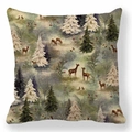 Detailed close-up of linen pillow cover featuring vintage reindeer and forest patterns - Winter Forest and Reindeer All-over Print Illustration (tpr-23)