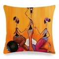 African tribal art cushion cover with linen texture featuring colorful women figures - Three Women in Colorful Tribal Clothing Style (3) / 45x45cm / Orange